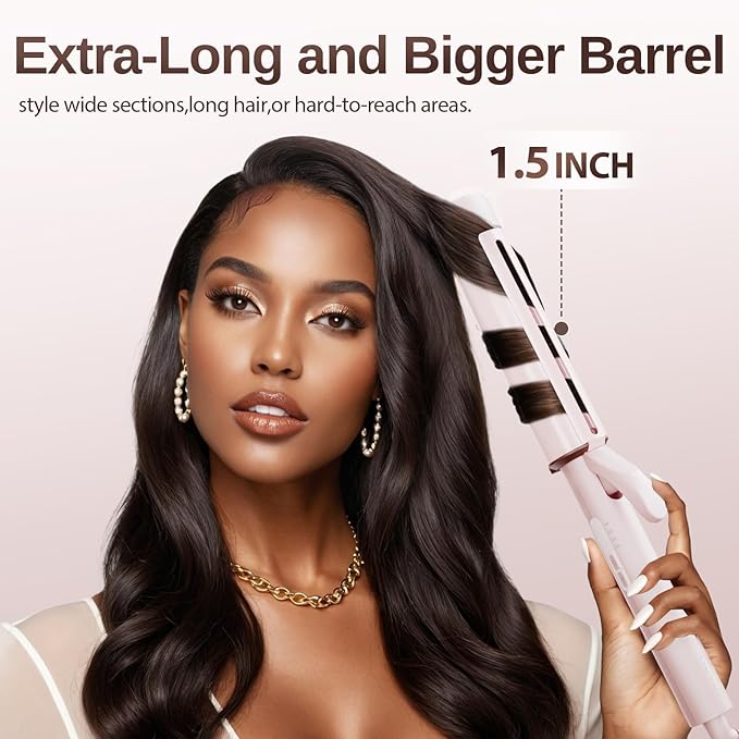 1.5 Inch Extra Large Curling Wand for Long Hair - Ceramic Tourmaline Barrel with 40000000 Negative Ions, Defined Curls and Easy to Use with Temperature Control for All Hair Types