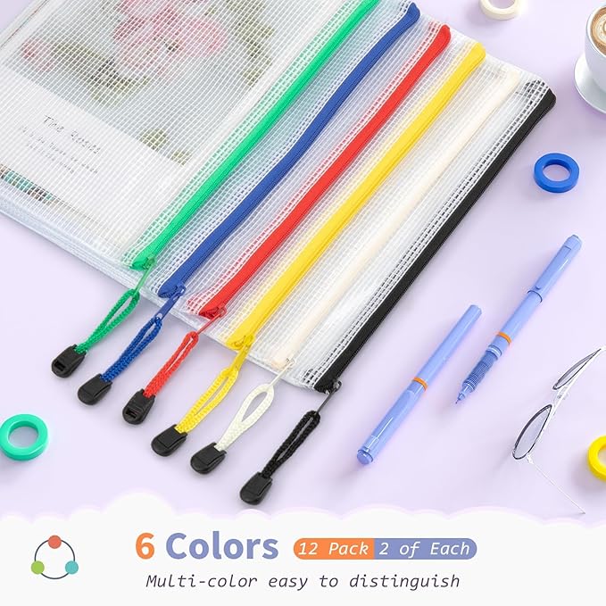 Umriox 12PCS Zipper Pouch, 9.5 x 7.1 in, Storage Bags with Zipper, Pencil Pouch for Office Supplies, Receipts, Cosmetics Travel Toiletries