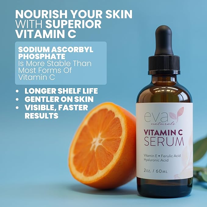 Eva Naturals Vitamin C Serum for Face - 20% Vit C with Hyaluronic Acid, Ferulic Acid & Vitamin E - Facial Serum for Dark Spots, Acne, Anti Aging, Glow & Even Skin Tone, 2 Fl Oz
