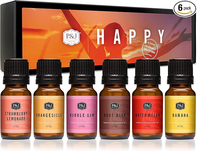 P&J Trading Happy Set of 6 Fragrance Oils - Root Beer, Watermelon, Banana, Strawberry Lemonade, Orangesicle, Bubble Gum Scented Oils for Candle Scents, Soap Making, Diffuser Oil