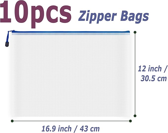 AUSTARK 10 Pcs Zipper File Bags, Waterproof Plastic Mesh Pouch for Office School, Board Game Storage Bags (A3 Size 16.9''x12'', White and Blue)