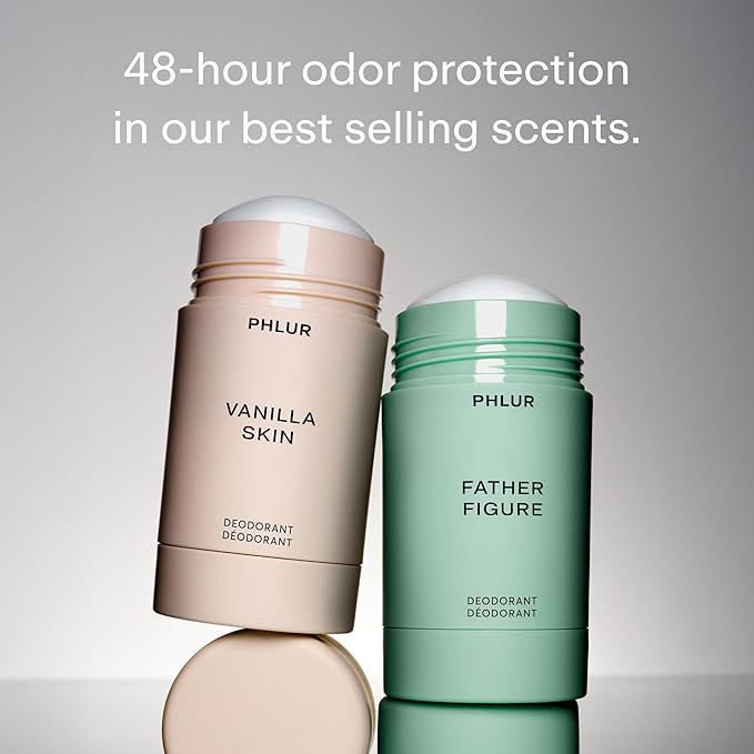PHLUR Vanilla Skin & Father Figure Deodorant Duo - Natural 48 Hour Odor Protection - Baking Soda Free & Aluminum Free Deodorant with Salicylic Acid, Arrowroot Powder & Tamanu Oil (2 x 1.76 oz)