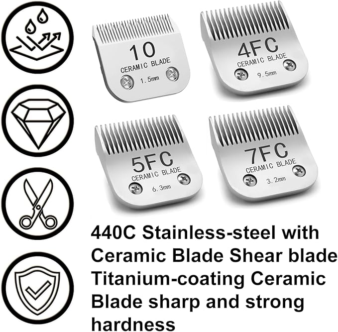 10#/4FC/5FC/7FC Silver Detachable Clipper Ceramic Blades, Dog Grooming Clipper Replacement Blades Compatible with KM Series Clippers, Most A5, Size-10#/4FC/5FC/7FC, Cut Length 1.5mm to 9.5mm, 4 Packs
