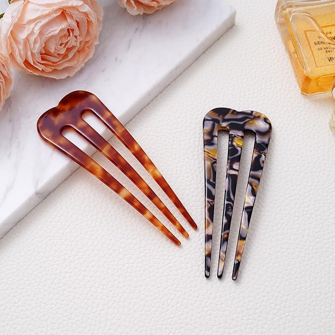 Large French Hair Pins for Women, 3-Prong French Pins for Thick Hair, U Shaped Hair Forks, French Twist Hair Pin Clips, Updo Hair Sticks for Buns, 2 Pcs (Tortoise, Brown)