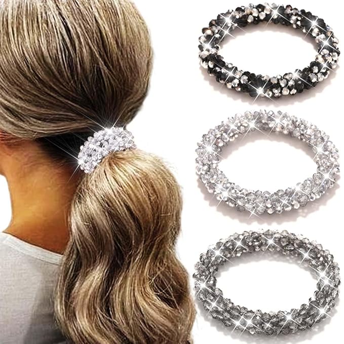 Fashey Rhinestone Hair Ties Silver Elastic Ponytail Holders 3 Pcs Crystal Hair Scrunchies Hair Accessories for Women