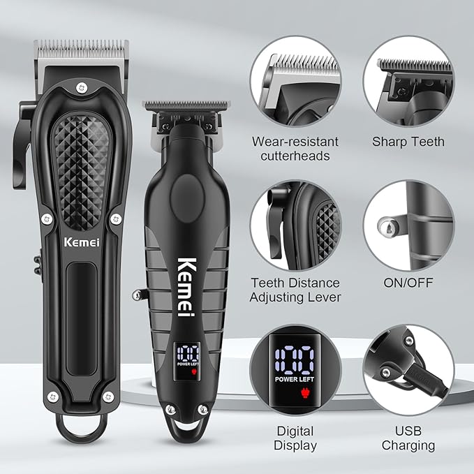 KEMEI Professional Hair Clippers Set for Men, Cordless Rechargeable Barber Clippers & Trimmers Kit, Clippers for Hair Cutting, Gifts for Men