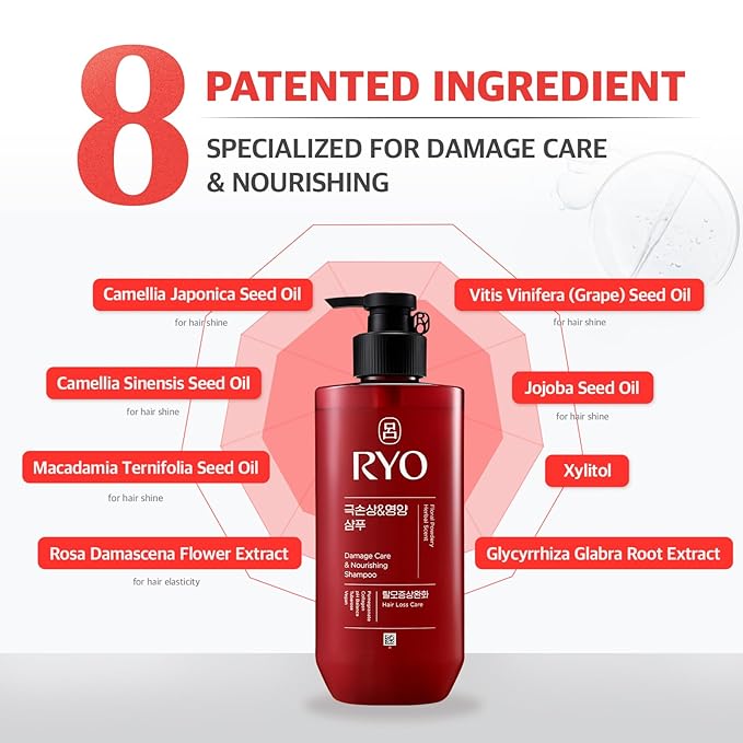 RYO Damage Care & Nourishing Shampoo with Korean Ginseng & Caffeine - Repair and Moisturizing, Anti Loss Care, Strengthening hair roots, 16 Fl Oz.