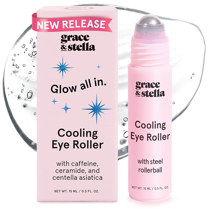 grace & stella Under Eye Brightener with Cooling Metal Rollerball - Ceramide & Caffeine Eye Cream for Puffy Eyes - Travel Size Toiletries - Vegan Skincare (15ml / 0.51floz)