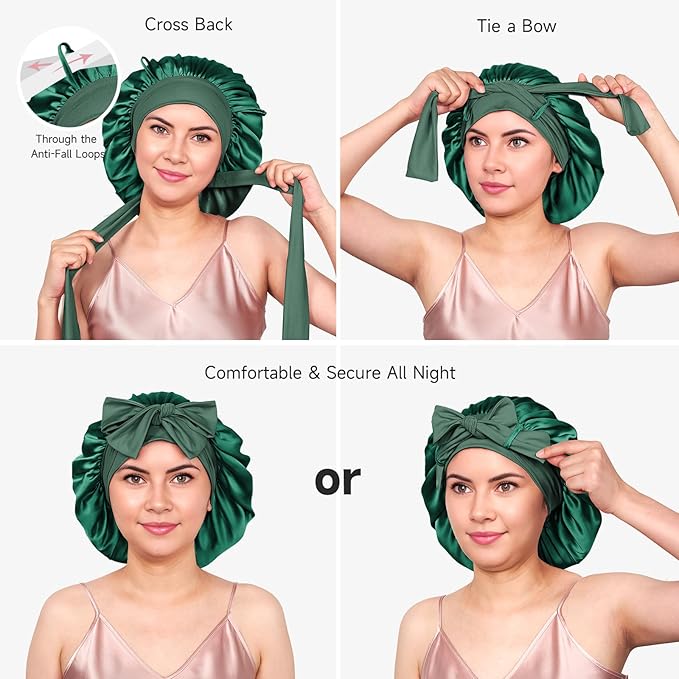 YFONG 100% 22 Momme Mulberry Silk Bonnet for Sleeping Women, Larger Double Layer Silk Hair Wrap for Curly Short Long Hair, Non-Slip Sleep Cap Turban with Elastic Tie Band for Hair Care, Green