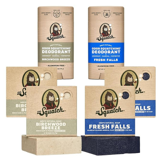 Dr. Squatch Manly Soap and Deodorant Variety Pack - Handmade with Organic Oils, Aluminum-Free - Birchwood Breeze and Fresh Falls