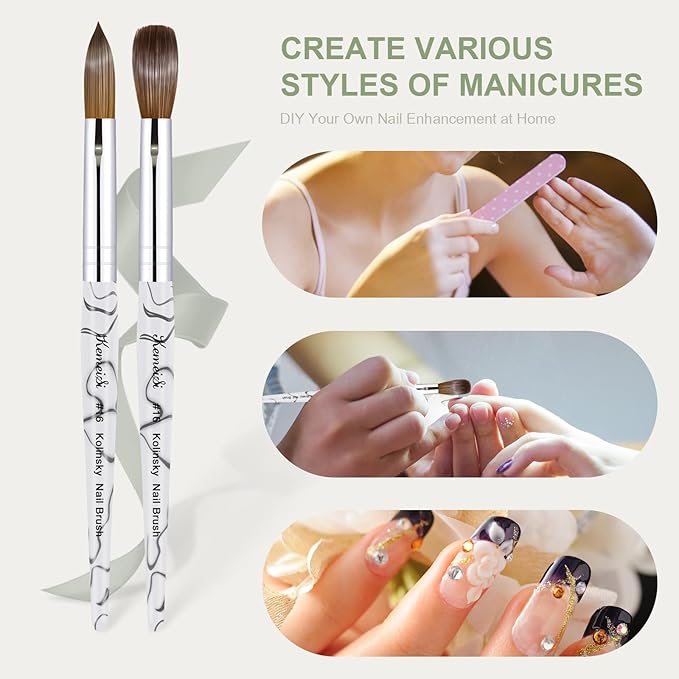 Acrylic Nail Brush Size 16,KEMEISI 100% Pure Kolinsky Nail Art Brushes Sturdy Marble Handle Oval Shaped Acrylic Powder Nail Design Tools for Professional Manicure DIY Home Salon (White)