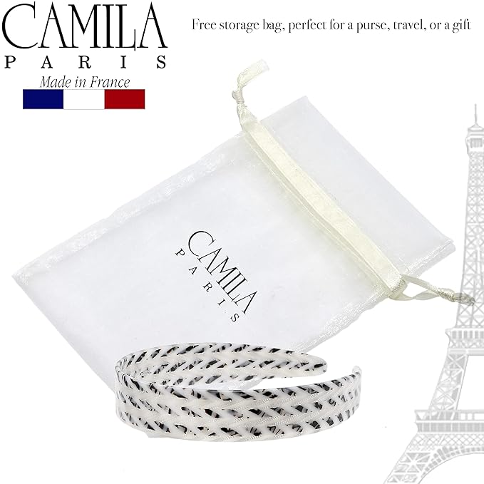 Camila Paris CP3465 French Headband for Women, Handmade White and Gray, Strong Hold Grip Women's Hair Band, Ligth and Very Flexible, No Slip and Durable Styling Girls Hair Accessories, Made in France