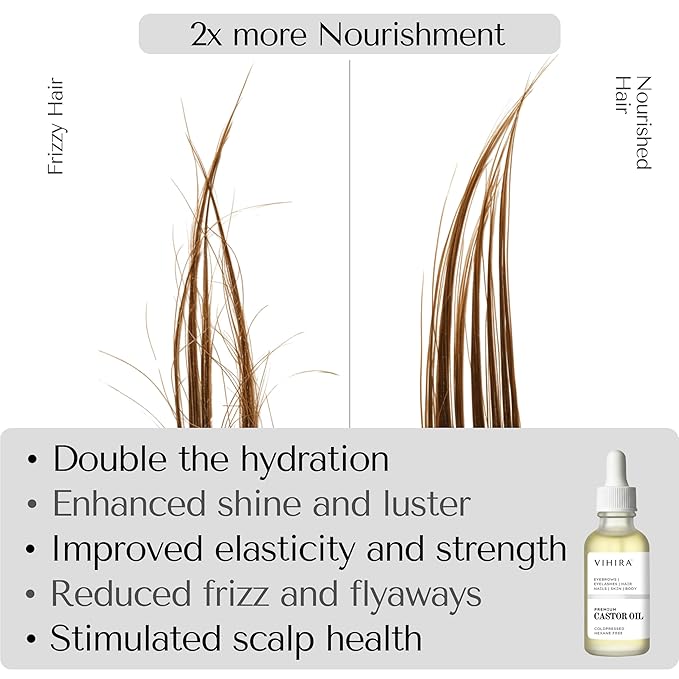 Premium Organic Castor Oil (2 Fl Oz), Cold Pressed, 100% Pure, Extra Virgin, Hexane Free, Castor Oil for Hair Growth, Eyelash, Eyebrow, Cuticles, Nails, Skin, Belly Button, Muscle & Wellness.