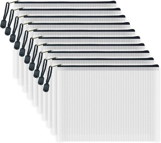 AUSTARK 10 Pcs Zipper File Bags, Waterproof Plastic Mesh Pouch for Office School, Board Game Storage Bags (A5 Size 9.2''x6.7'', White and Black)