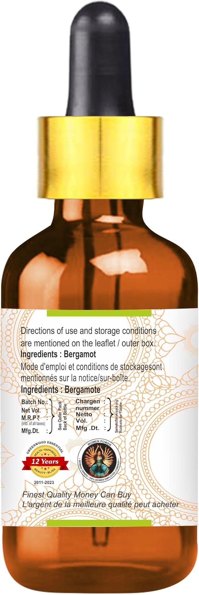 Greenwood Essential Bergamot Essential Oil (Citrus bergamia) with Glass Dropper | Pure | Non-Sticky | Non-Greasy | Lightweight | Men & Women | All Skin Types | Steam Distilled 100ml (3.38 oz)