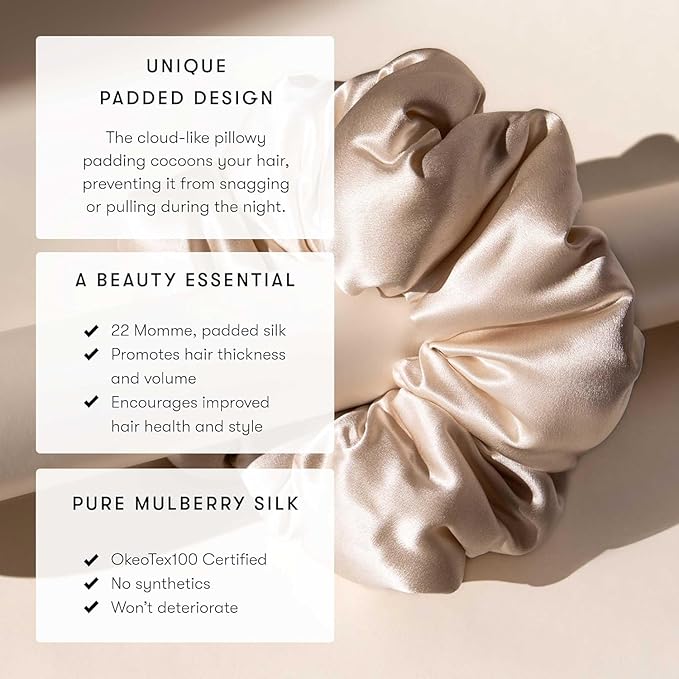 Drowsy Oversized Scrunchie – Luxury Mulberry Silk Hair Tie for All Hair Types, Sleep Scrunchie to Reduce Breakage, Maintain Moisture & Enhance Hair Shine - Dusty Gold