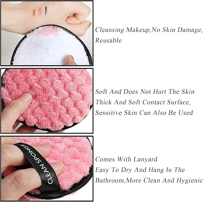 Vtrem 4 Colors Reusable Makeup Remover Pads Soft Facial Cleaning Puffs Towels Face Eye Lip Remover Pads Double-Side Washable Make Up Removing Cloth Microfiber, White/Pink/Brown/Black