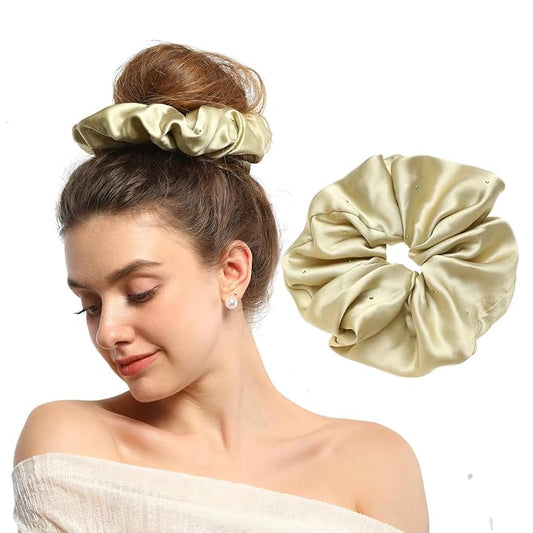 100% Mulberry Silk Scrunchies for Women Ponytail Holders – Plus Rhinestone-Embellished Design for Curly, No Damage Hair Ties for Curly, Thick, and Thin - Hair Accessories for Women Green