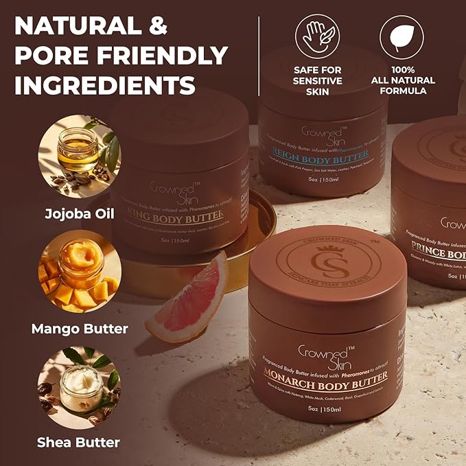 Crowned Skin Monarch Cologned Body Butter | Spicy and Bold Scent | Blended with White Musk & Cedarwood | Infused with Organic Shea & Mango Butters | Moisturizing Formula with All-Day Fragrance | 5oz