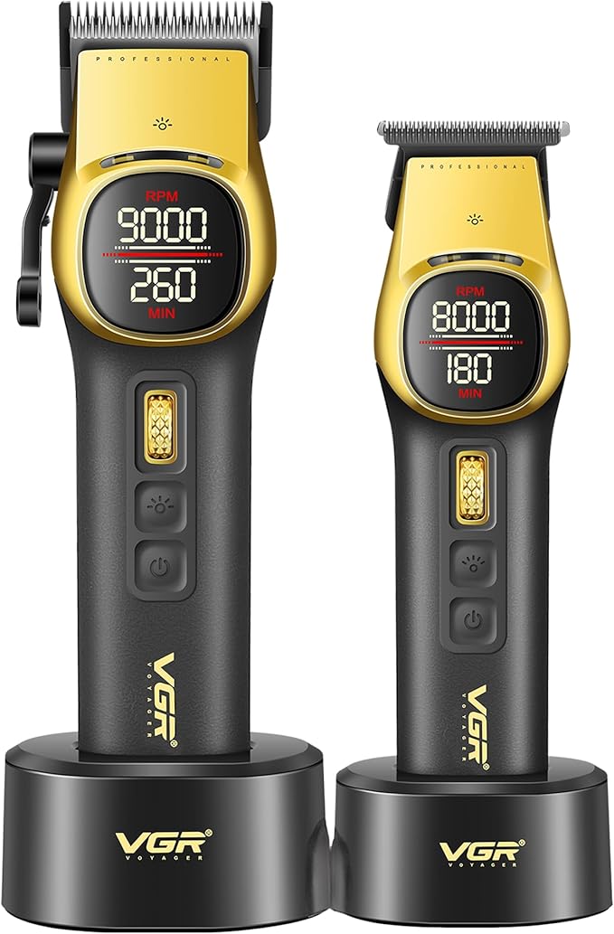VGR 885 S2 Cordless Barber Clippers and Trimmers Kit, Professional Hair Clippers for Men, Haircut Kit with DLC-Coated Ceramic Blades, 21-Speed Roller, 2 Magnetic Charging Bases, LED Display, Gold