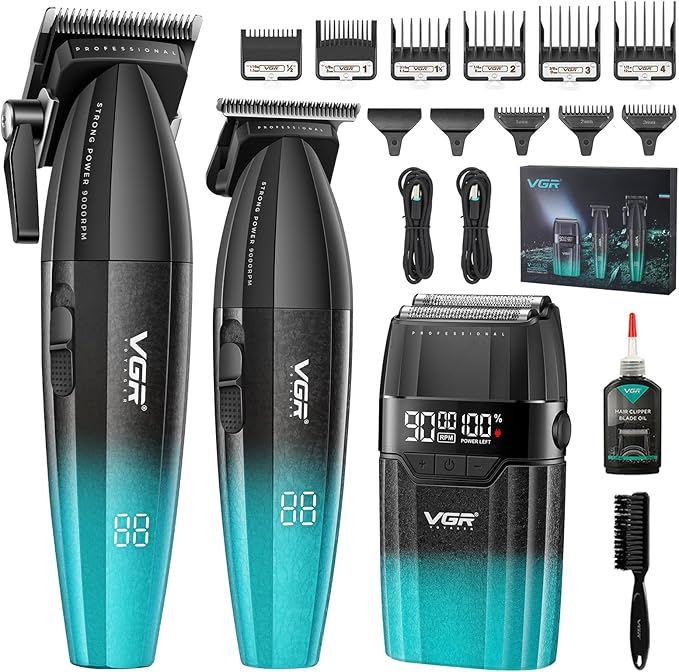 VGR 640S3 Professional 3 in 1 Hair Cutting Kit, 9000RPM Hair Clippers for Men Professional Hair Trimmer & Foil Shavers Set, Cordless Mens Barber Combo for Home, for Him(Green)