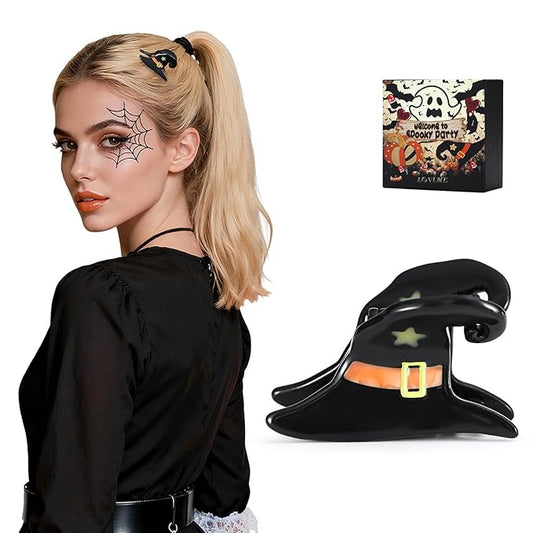 Original Italian-Designed Mini Halloween Hair Claw Clips for Women - Black Witch Hat, Handmade Cute Vintage Halloween Hair Accessories for Hair Deco, Plant-Based Acetate, Gift Boxed