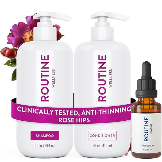 Routine Wellness Shampoo and Conditioner Set and Hair Serum for Thinning Hair - DHT Blocker Women & Men - Color Safe Shampoo for Hair Loss & Healthier Hair - Rose Hips Set + Serum