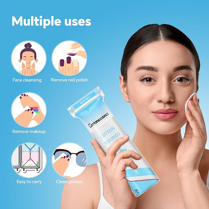 Cotton Rounds for Facial Cleansing and Nail Polish Removal - 100% Pure Cotton, Hypoallergenic Makeup Remover Pads, Lint-Free Multi-Layer Design (100 Count, Pack of 3)