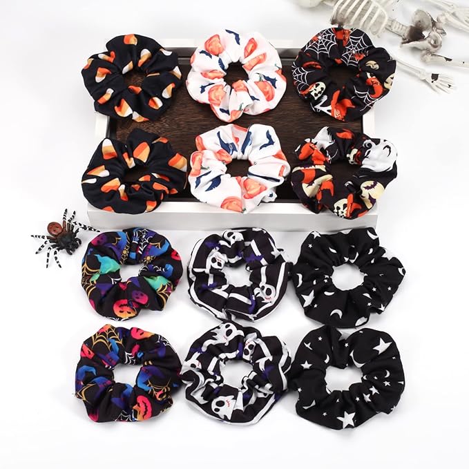 12PCS Halloween Hair ScrunchiesPumpkin Skull Ghosts Bat Star Moon Witch Hat Candy Candle Spider Web Hair Ties Elastics Scrunchy Gifts Ponytail Holder Accessories for Women Girls