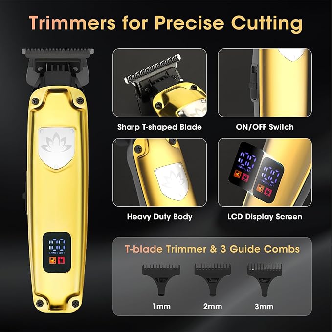 Professional Hair Clippers for Men, Cordless Hair Clippers T-Blade Trimmer Nose Hair Trimmer Electric Shaver Set, Haircut Grooming Kit with LED Display, for Barber, Ideal Gift for Him