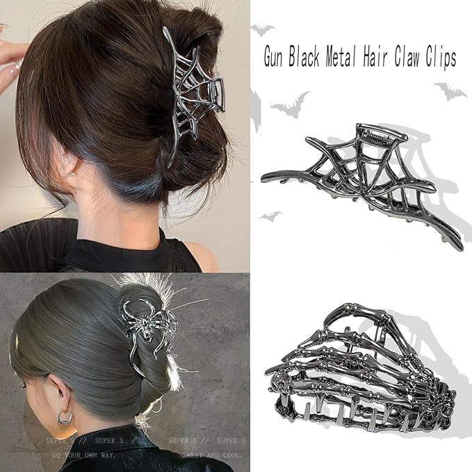 3 Pieces Large Metal Spider Net Hand Hair Claw Clips for Women and Girls Thick Long Hair, Nonslip Skeleton Spooky Barrette Headband Hair Styling Accessories for Halloween Christmas Gifts