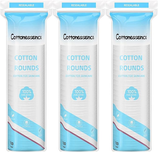 Cotton Rounds for Facial Cleansing and Nail Polish Removal - 100% Pure Cotton, Hypoallergenic Makeup Remover Pads, Lint-Free Multi-Layer Design (100 Count, Pack of 3)