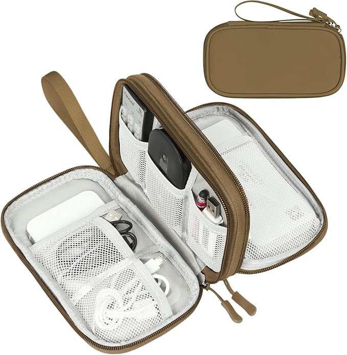 FYY Electronic Organizer, Travel Cable Organizer Bag Pouch Electronic Accessories Carry Case Portable Waterproof Double Layers Storage Bag for Cable, Charger, Phone, Earphone, Medium Size- Brown