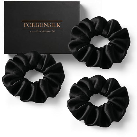 100% Pure 22 Momme Mulberry Silk Scrunchies (Set of 3) | Highest grade (6A) Luxury Hair Ties| (Black,White,Pink) | (Black, Standard)