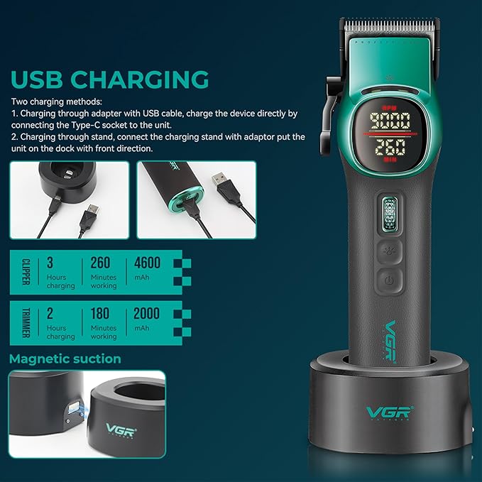 VGR 885 S2 Cordless Barber Clippers and Trimmers Kit, Professional Hair Clippers for Men, Haircut Kit with DLC-Coated Ceramic Blades, 21-Speed Roller, 2 Magnetic Charging Bases, LED Display, Green