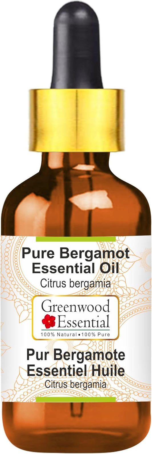 Greenwood Essential Bergamot Essential Oil (Citrus bergamia) with Glass Dropper | Pure | Non-Sticky | Non-Greasy | Lightweight | Men & Women | All Skin Types | Steam Distilled 100ml (3.38 oz)