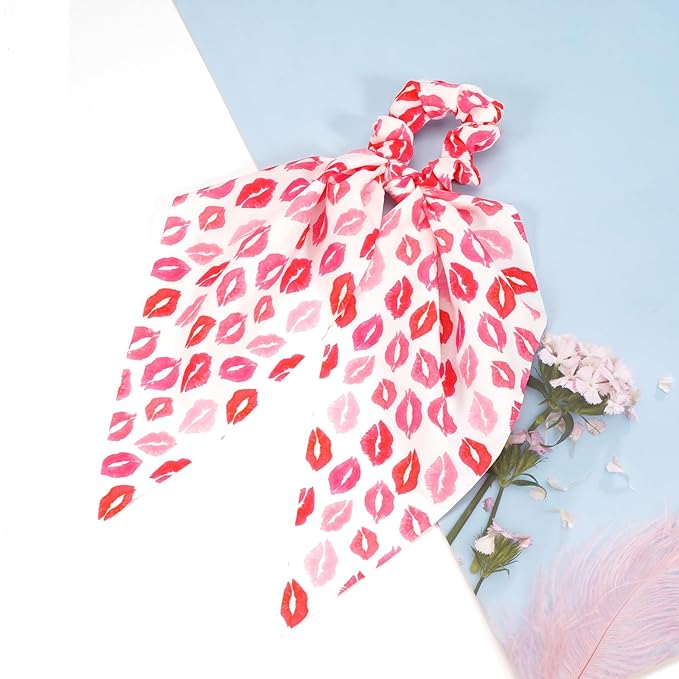 Valentine's Day Hair Ties Pink Lip Hair Scrunchies for Women Teen Girls Elastic Love Hair Tie Ribbon Valentine's Day Hair Bows Hair Accessories Gifts