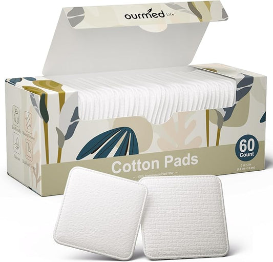 Ourmed Life Large Cotton Pads for Makeup Removal, Soft & Lint-Free Face Pads with Pressed Seam Design, Durable Makeup Remover Pads for Facial Cleansing on All Skin Types, 3x3 Inch, 60 Count