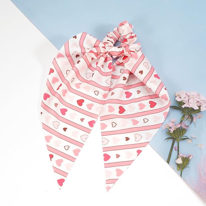 Valentine's Day Hair Ties Pink Heart Stripes Hair Scrunchies for Women Teen Girls Elastic Love Hair Tie Ribbon Valentine's Day Hair Bows Hair Accessories Gifts