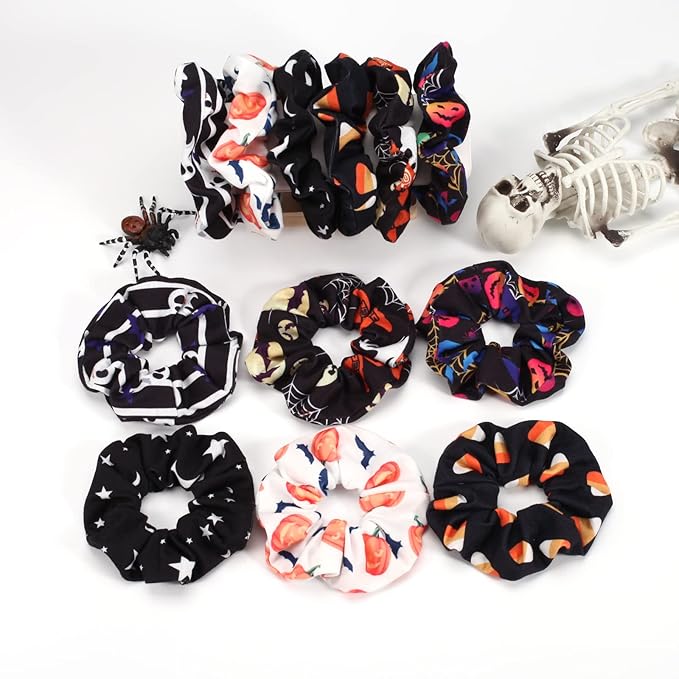 12PCS Halloween Hair ScrunchiesPumpkin Skull Ghosts Bat Star Moon Witch Hat Candy Candle Spider Web Hair Ties Elastics Scrunchy Gifts Ponytail Holder Accessories for Women Girls