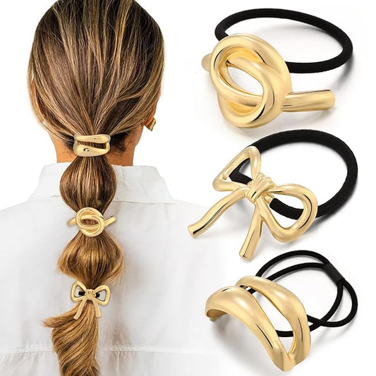 3PCS Gold Hair Ties for Women, Stretchy Metal Hair Ties for Thick Hair, Non-Damage Gold Ponytail Cuff Holders, Elegant Geometric Hair Accessories for Women, 3 Styles in Box Holiday Christmas Gifts