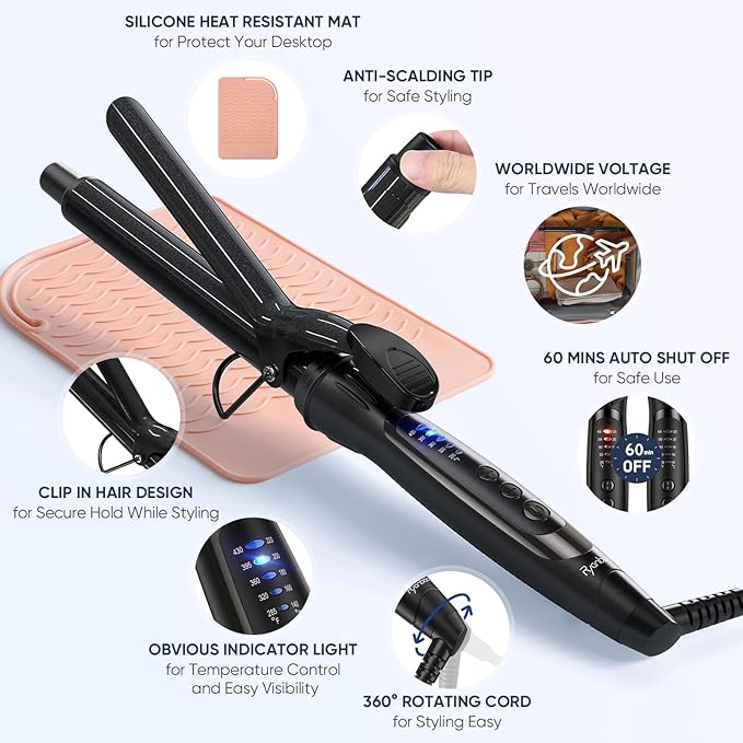 1.25 Inch Curling Iron, 5 Temperature Settings, Professional Spring Hair Iron for All Hair Types, Max 430℉ with Heat Resistant Mat (1 1/4 Inch Black)