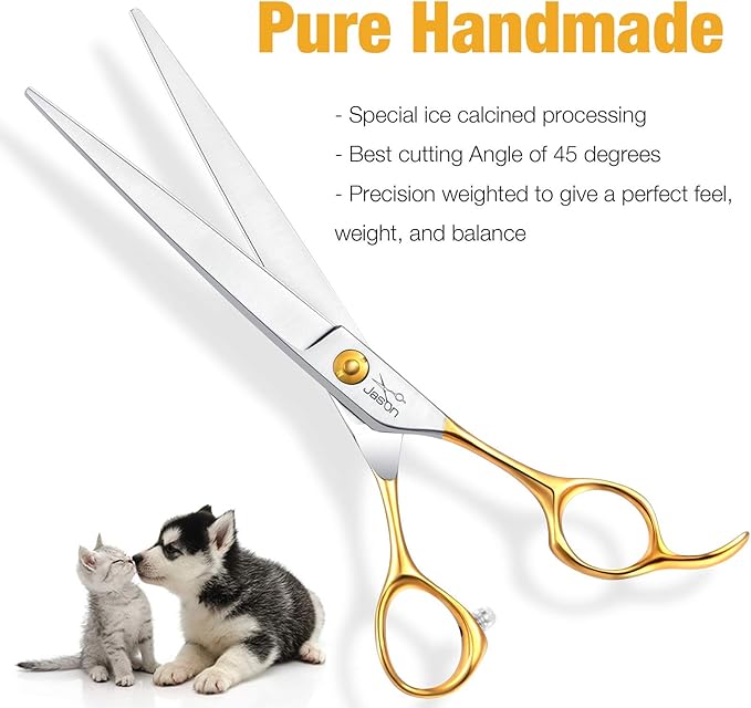 JASON 7.5" Dog Grooming Scissors Cats Trimming Shears Professional Pets Scissor Kit for Right Handed Groomers Gold Sharp Shear Christmas Gift