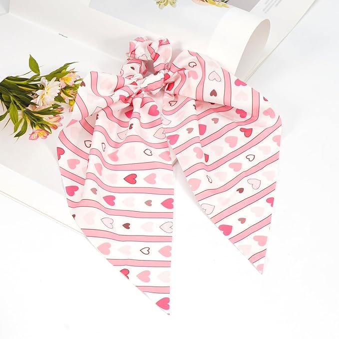Valentine's Day Hair Ties Pink Heart Stripes Hair Scrunchies for Women Teen Girls Elastic Love Hair Tie Ribbon Valentine's Day Hair Bows Hair Accessories Gifts