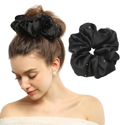 100% Mulberry Silk Scrunchies for Women Ponytail Holders – Plus Rhinestone-Embellished Design for Curly, No Damage Hair Ties for Curly, Thick, and Thin - Hair Accessories for Women (Black)