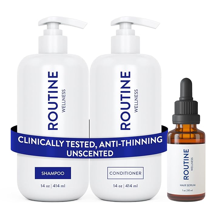 Routine Wellness Shampoo and Conditioner Set and Hair Serum for Thinning Hair - DHT Blocker Women & Men - Color Safe Shampoo for Hair Loss & Hair Growth - Unscented Set + Serum