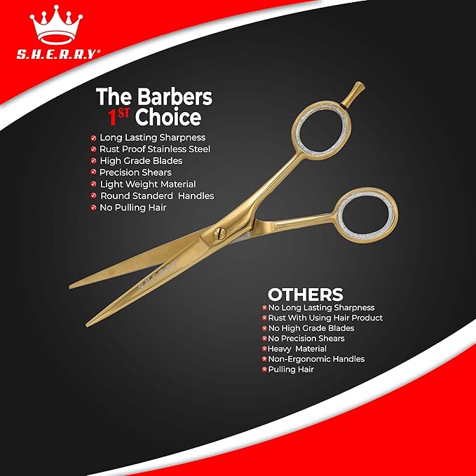 Professional Barber Shears 6.5” – High Carbon Stainless Steel Hair Cutting Scissors with Razor Sharp Edge for Salon & Home Use by S.H.E.R.R.Y (Gold, 6.5)