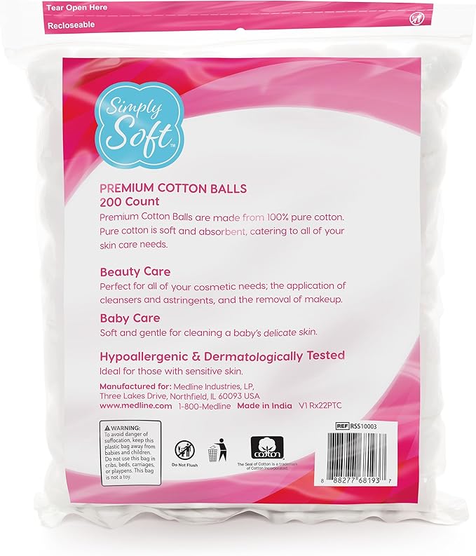 Simply Soft Premium Cotton Balls (600 Count), 100% Pure Cotton, Large Cotton Balls for Face and Nail Polish Remover