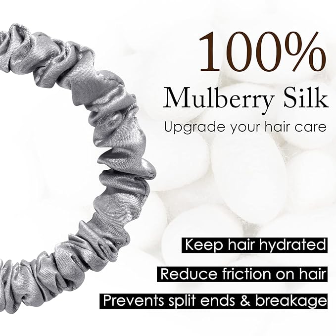 OLESILK Silk Hair Ties for Women: 100% Mulberry Skinny Silk Scrunchies, Soft Smooth No Damage No Crease for Thin Fine Curly Hair 5 Pack, Dark