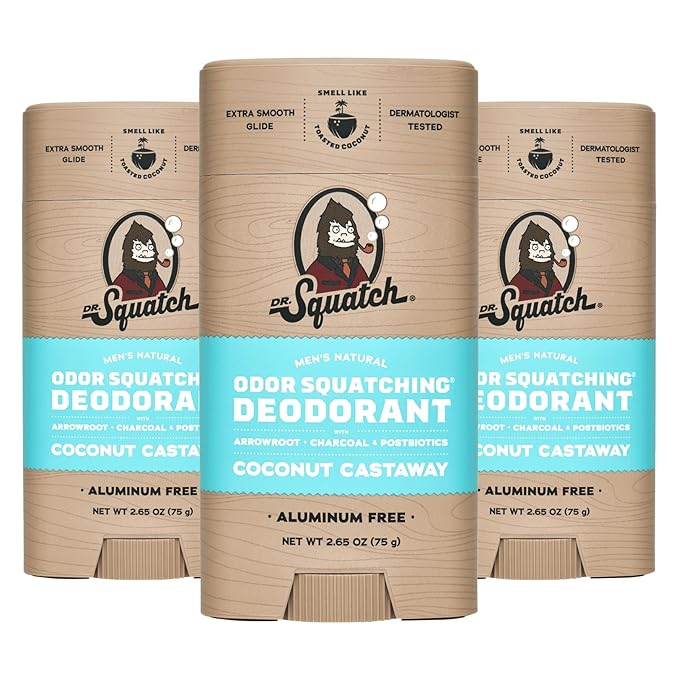 Dr. Squatch Natural Deodorant for Men - Odor-Squatching Aluminum Free - Coconut Castaway (2.65 oz, 3-Pack)